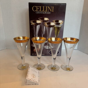 New Set Of 4 Cellini Crystal Stemware Cordials Glasses Box 24K Decor Italy VTG